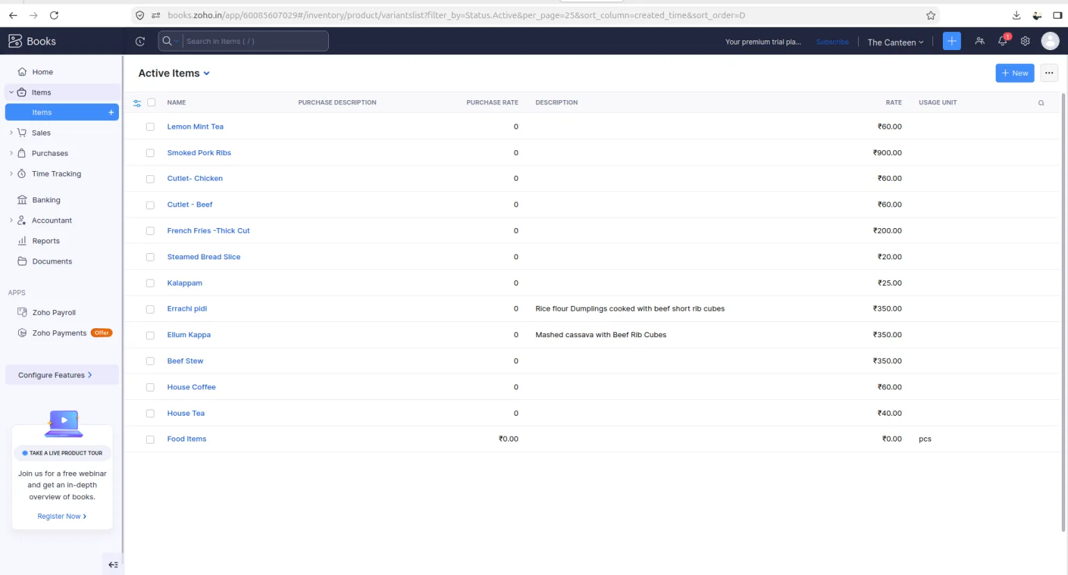 The Active Items list in Zoho Books showing restaurant menu items such as Lemon Mint Tea, Smoked Pork Ribs, Beef Stew and Kalappam, created automatically by the MealNix sync with their rates and descriptions.